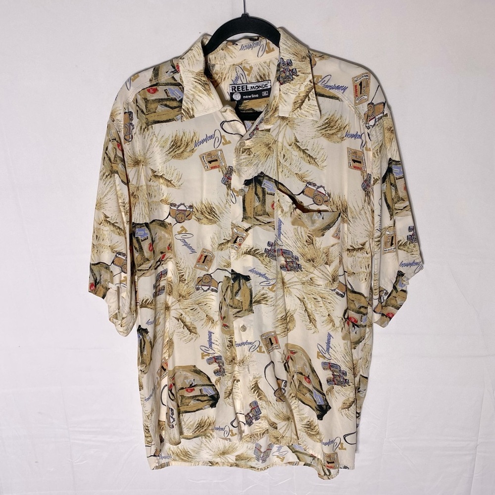 Vintage Reel Monde New Line Tan Cream Tourist Print Short Sleeve Casual Top XL